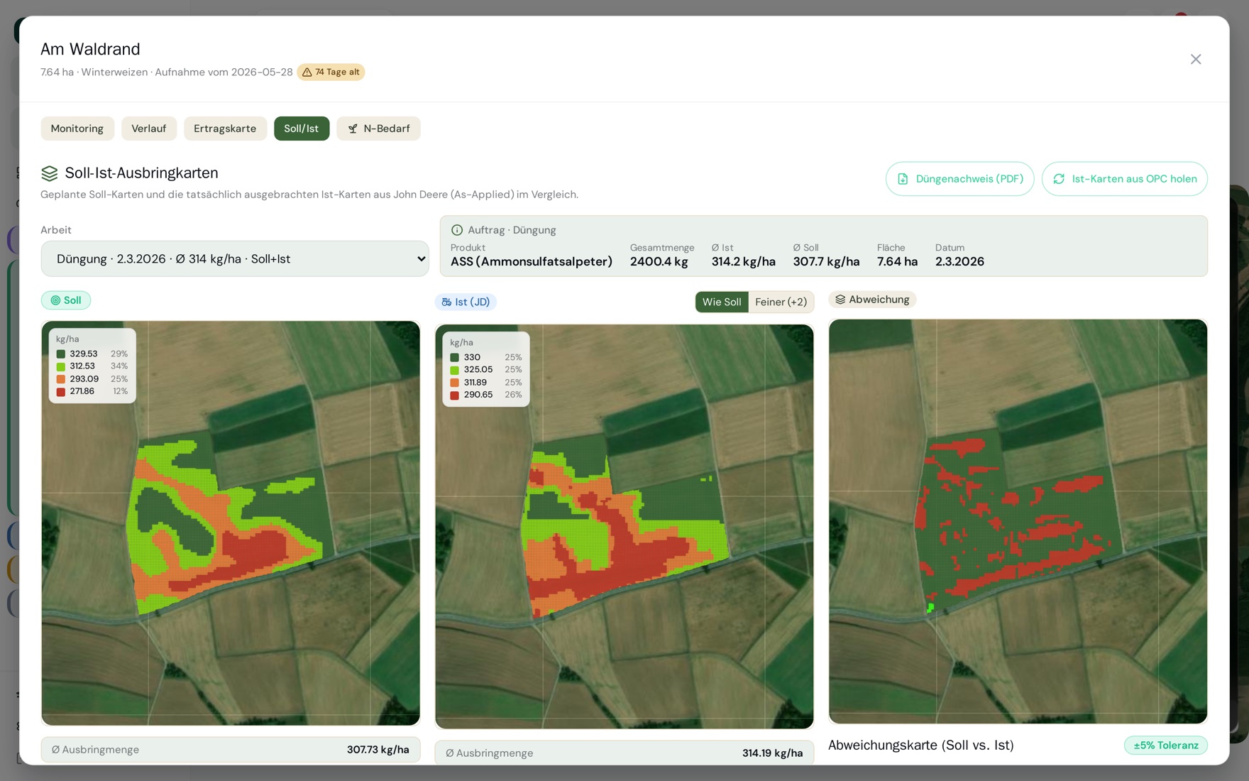 Soll-Ist-Ausbringung: geplante vs. tatsächliche Karte (John Deere) + Abweichung