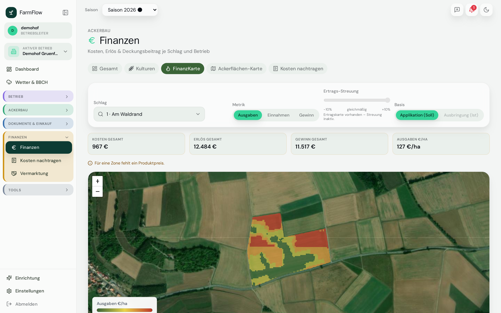 FinanzKarte: teilflächige Ausgaben/Erlöse je Zone