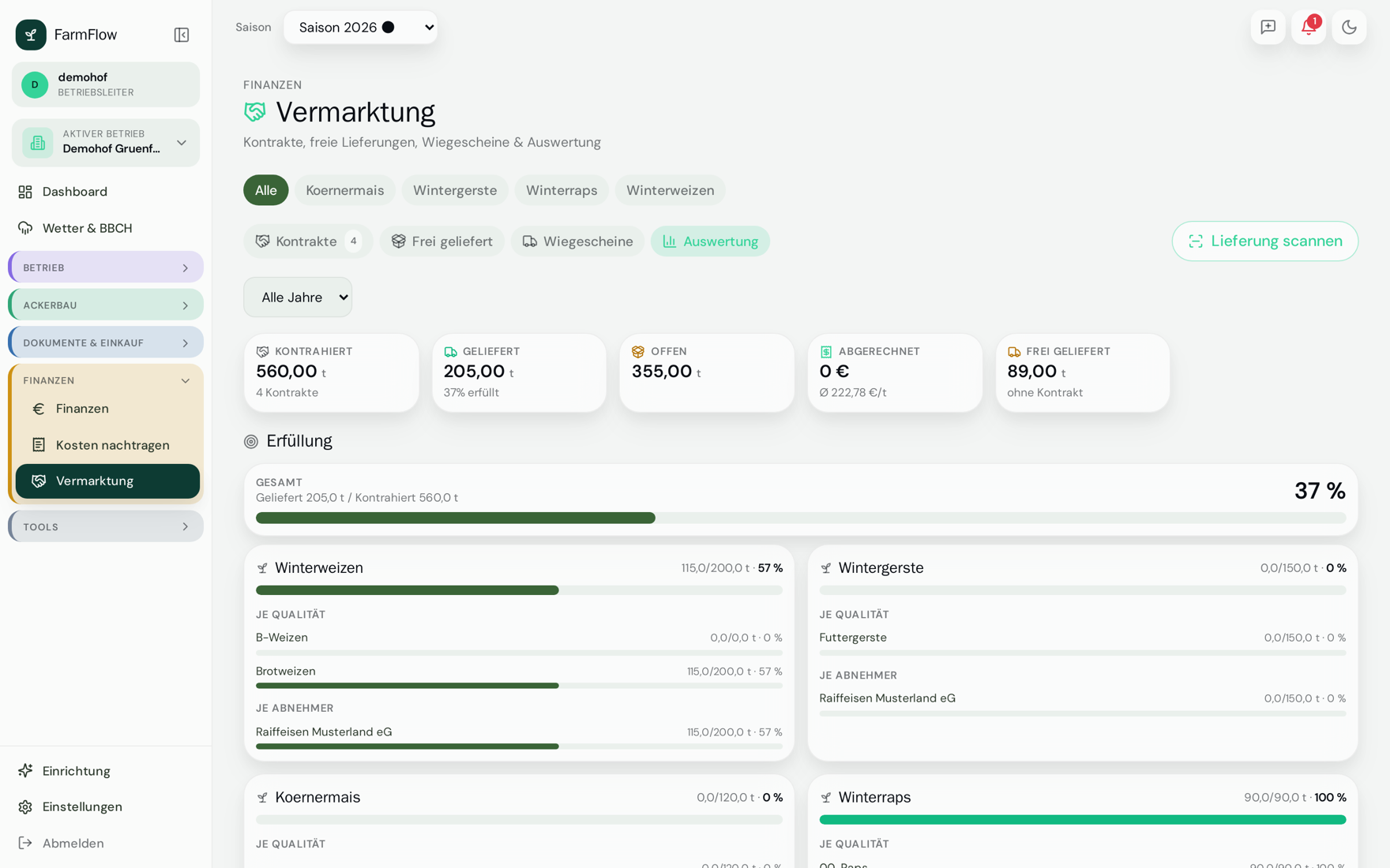 Auswertung: Erfüllung je Kultur, Qualität und Abnehmer