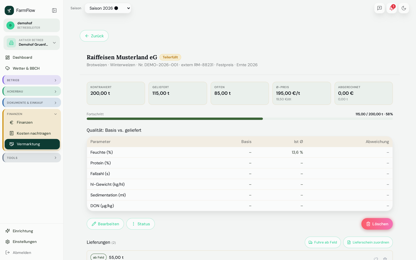 Kontrakt-Detail: Erfüllungsstand, Preis, Qualitäten und Lieferungen